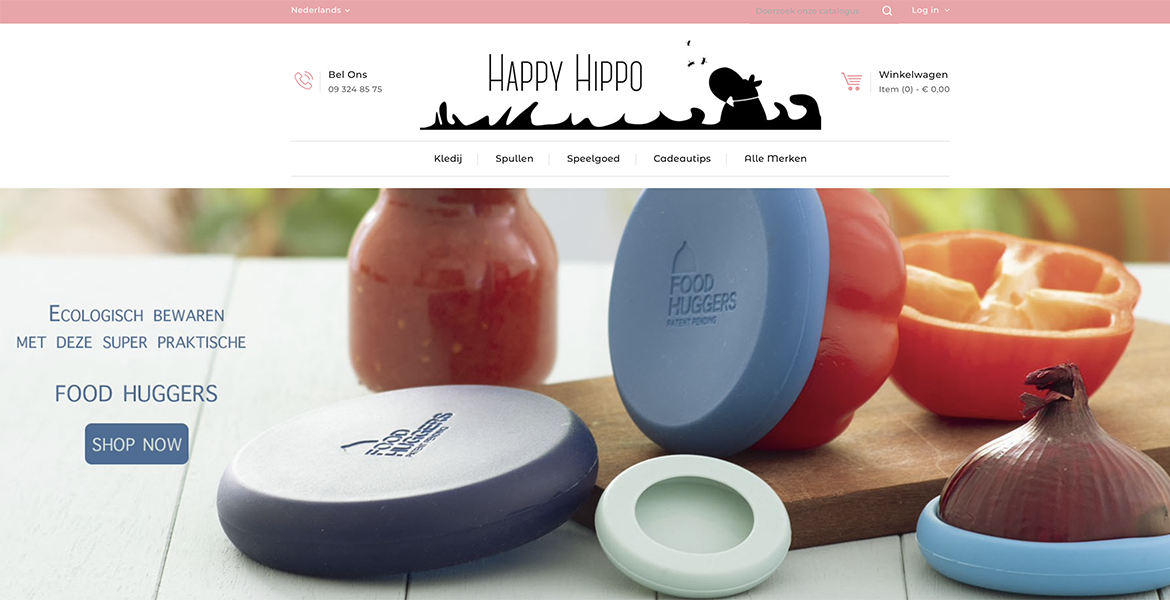 Screenshot van de happy Hippo webshop home pagina